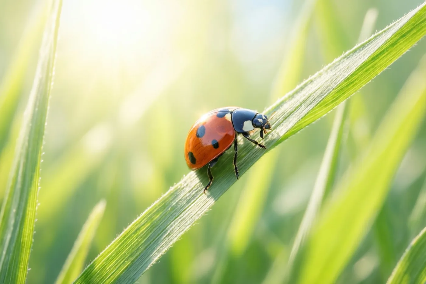Een rood lieveheersbeestje met zwarte stippen zit op een groene grasspriet in fel zonlicht, tegen een zacht onscherp groen veld.