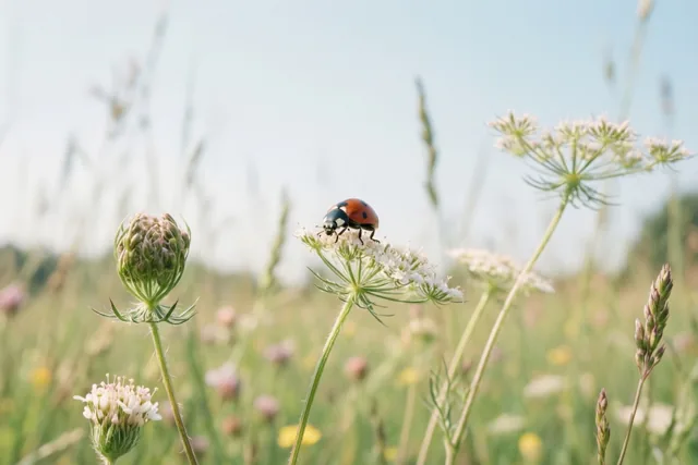 Een lieveheersbeestje zit op een witte wilde bloem in een zonnige weide tussen andere wilde bloemen en groen.
