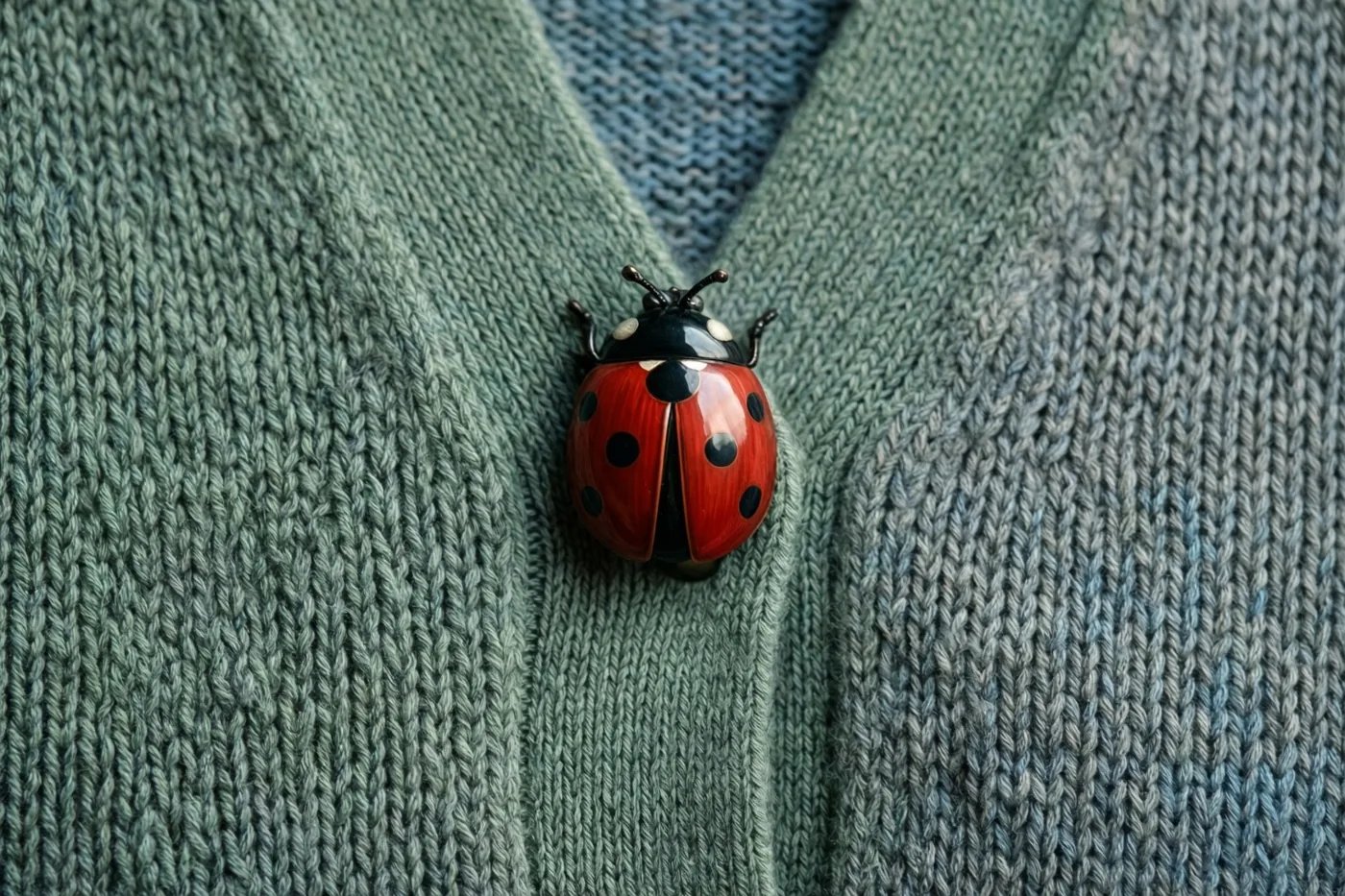 Een rode lieveheersbeestjesbroche met zwarte stippen zit aan de V-hals van een groen gebreid vest in gedempte tinten.