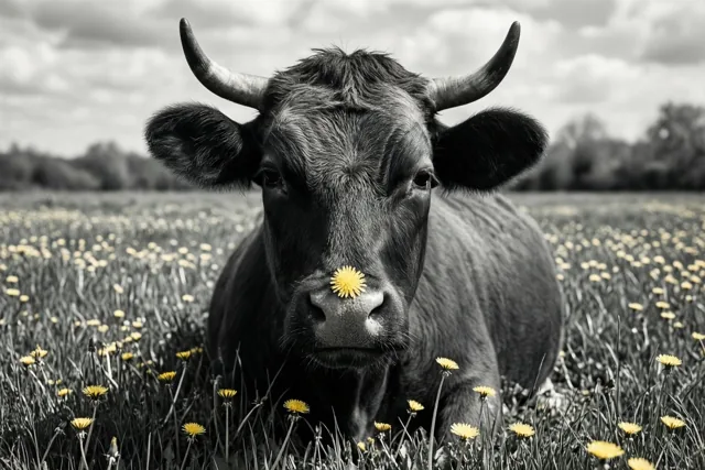 Een koe met een gele boterbloem op haar neus ligt onder een bewolkte hemel in een veld met paardenbloemen, met gele bloemen in een verder zwart-wit beeld.