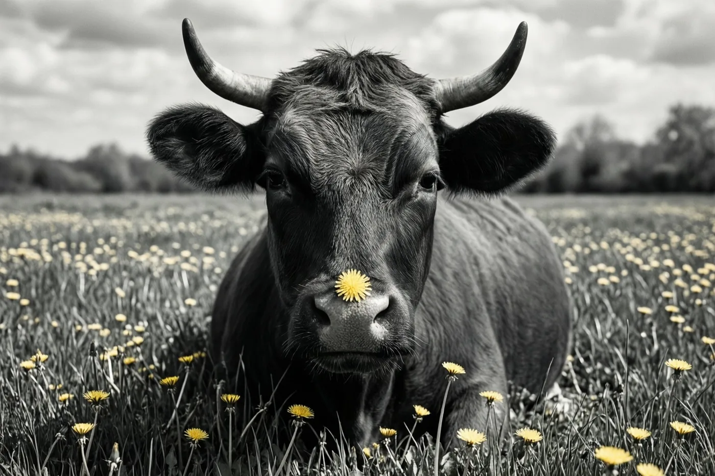 Een koe met een gele boterbloem op haar neus ligt onder een bewolkte hemel in een veld met paardenbloemen, met gele bloemen in een verder zwart-wit beeld.