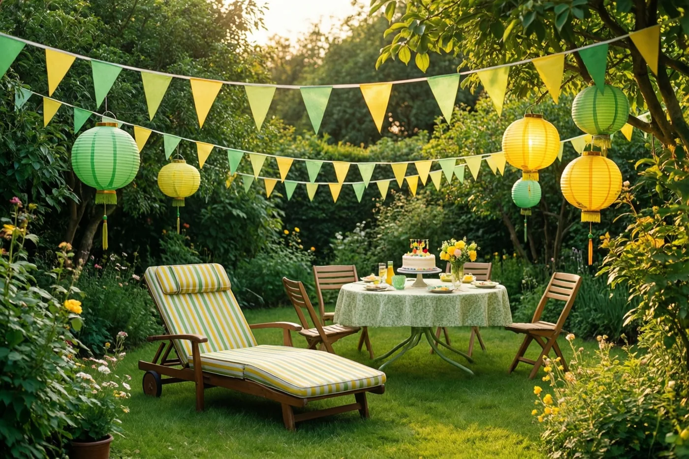 Een gestreepte ligstoel en een tafel met taart staan in een groene tuin met vlaggetjes en papieren lampionnen, in groene, gele en witte tinten.