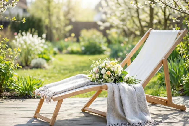 Een houten ligstoel met een lichtgrijze deken en een boeket staat op een houten terras in een zonnige tuin met bloeiende bomen.