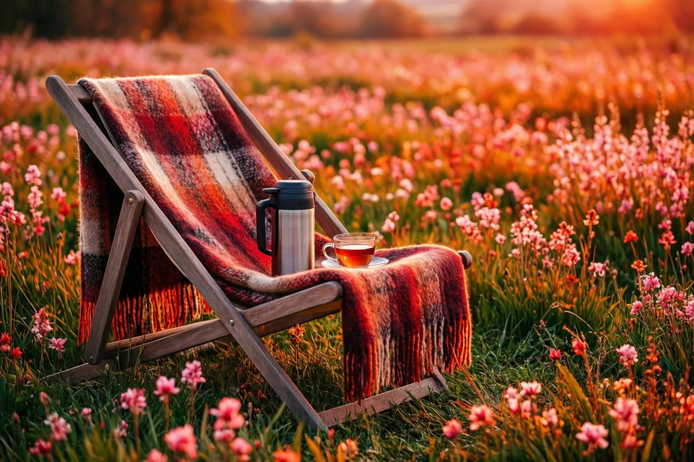 Een houten ligstoel met een rood-beige geruite wollen deken, een thermos en een kop thee staat tussen roze wilde bloemen in goudkleurig licht.