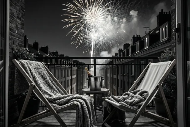 Een zwart-witfoto toont door een deuropening twee ligstoelen met wollen dekens op een balkon, gericht naar vuurwerk boven de stadsdaken.