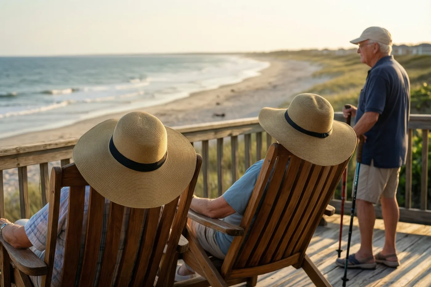 Twee oudere mensen met zonnehoeden en wandelstokken zitten in houten ligstoelen op een strandhuisterras en kijken uit op een zandstrand en de zee bij zonsondergang.