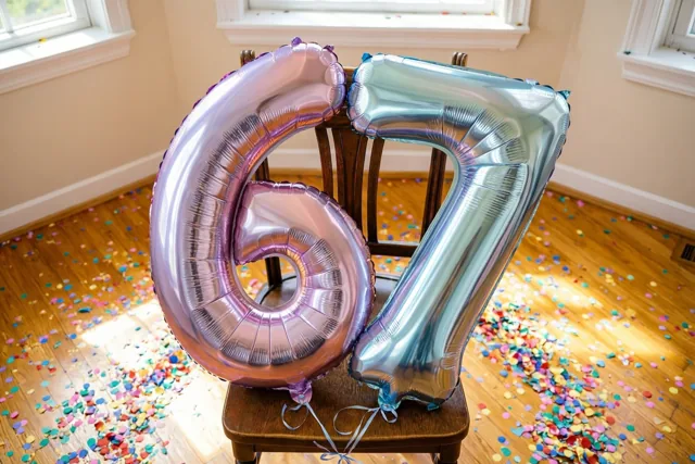 Grote folieballonnen in de vorm van 6 en 7 in pastellila en zilver hangen aan een houten stoel in een lichte kamer met confetti op de houten vloer.