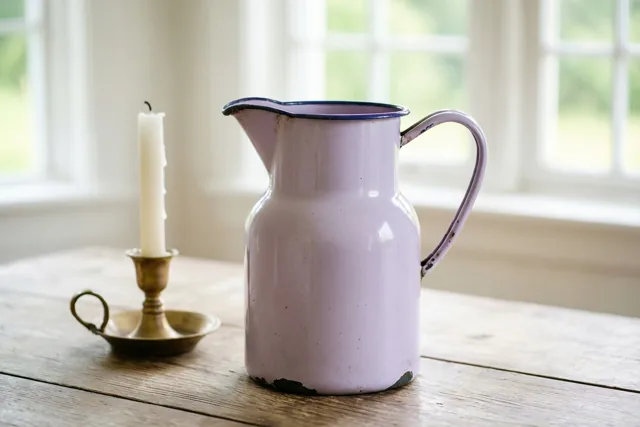 Een oude lila geëmailleerde kan staat op een rustieke houten tafel naast een witte kaars in een messing kandelaar, met zacht licht uit een raam op de achtergrond.