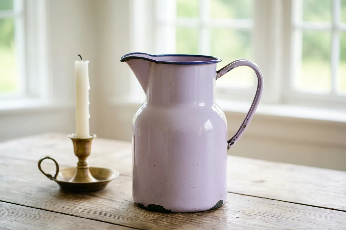 Een oude lila geëmailleerde kan staat op een rustieke houten tafel naast een witte kaars in een messing kandelaar, met zacht licht uit een raam op de achtergrond.