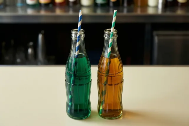 Twee glazen frisdrankflesjes met groene en amberkleurige drank en gestreepte papieren rietjes staan op een lichte toog voor een donkere bar met onscherpe flessen.