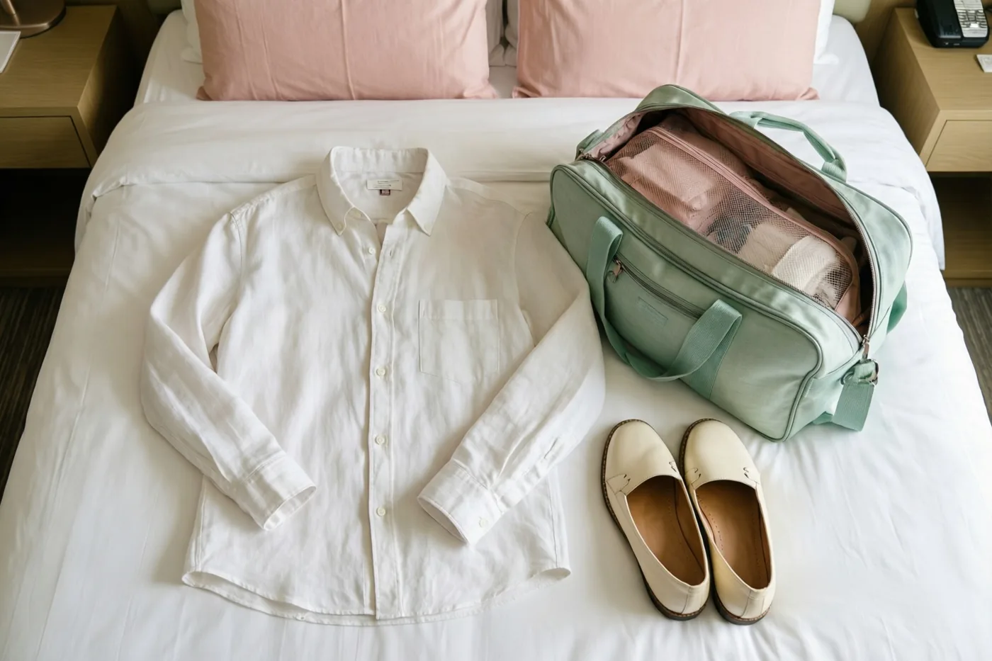 Een wit linnen hemd en lichtgekleurde espadrilles liggen naast een open groene reistas op een hotelbed met wit beddengoed en roze kussens.