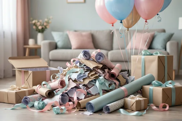 Gescheurd en opgerold inpakpapier, linten en open cadeaudozen liggen op een woonkamervloer onder kleurrijke ballonnen, met een zitbank op de achtergrond.