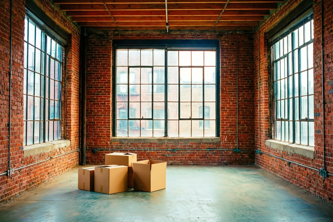 Een lege loft heeft rode bakstenen muren, hoge ramen met zwarte stalen kozijnen en enkele kartonnen verhuisdozen op een betonnen vloer.