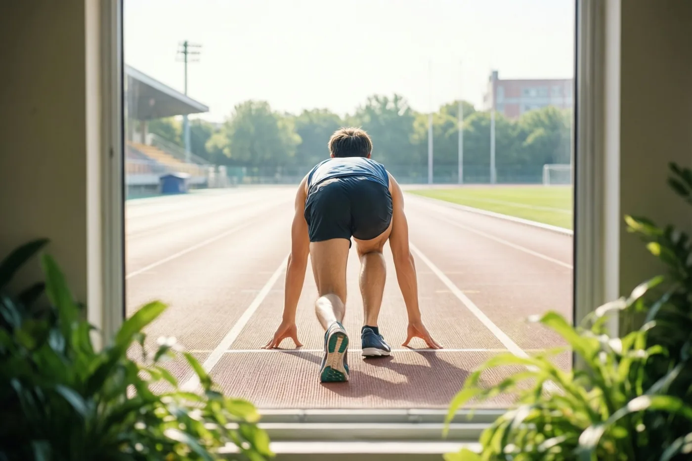 Door een raam met groene planten op de voorgrond is een loper van achteren in starthouding te zien op een lege buitenpiste onder een heldere lucht, met bomen in de verte.
