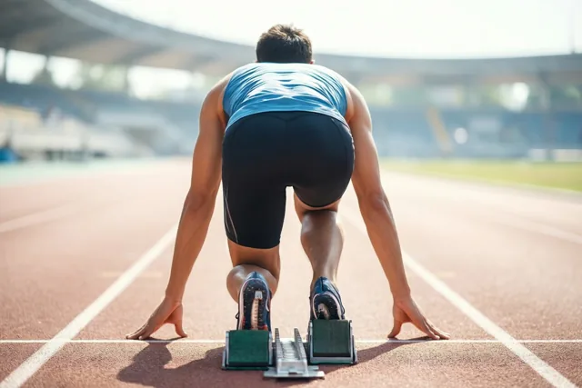 Een mannelijke loper met een blauw bovenstuk en zwarte short zit van achteren gezien in starthouding op een rode atletiekpiste voor lege tribunes.