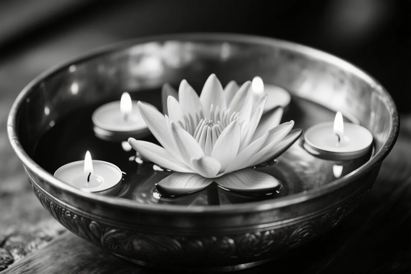 Een zwart-witfoto toont een lotus die in een messing kom met water drijft, omringd door brandende theelichtjes op een donkere ondergrond.