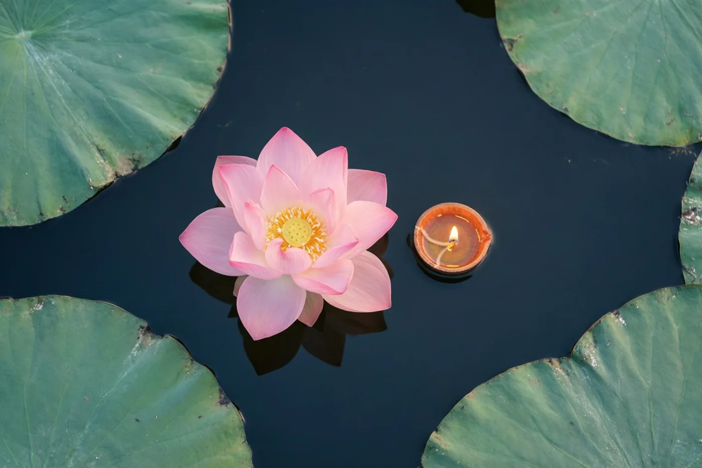 Een roze lotusbloem en een klein drijvend olielampje liggen op een donkere vijver, omringd door grote groene waterleliebladeren.