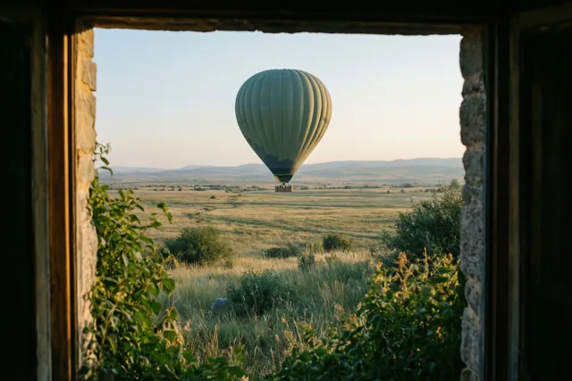 Door een raam met een stenen omlijsting is een luchtballon te zien boven een uitgestrekte weide in warm gouden licht.