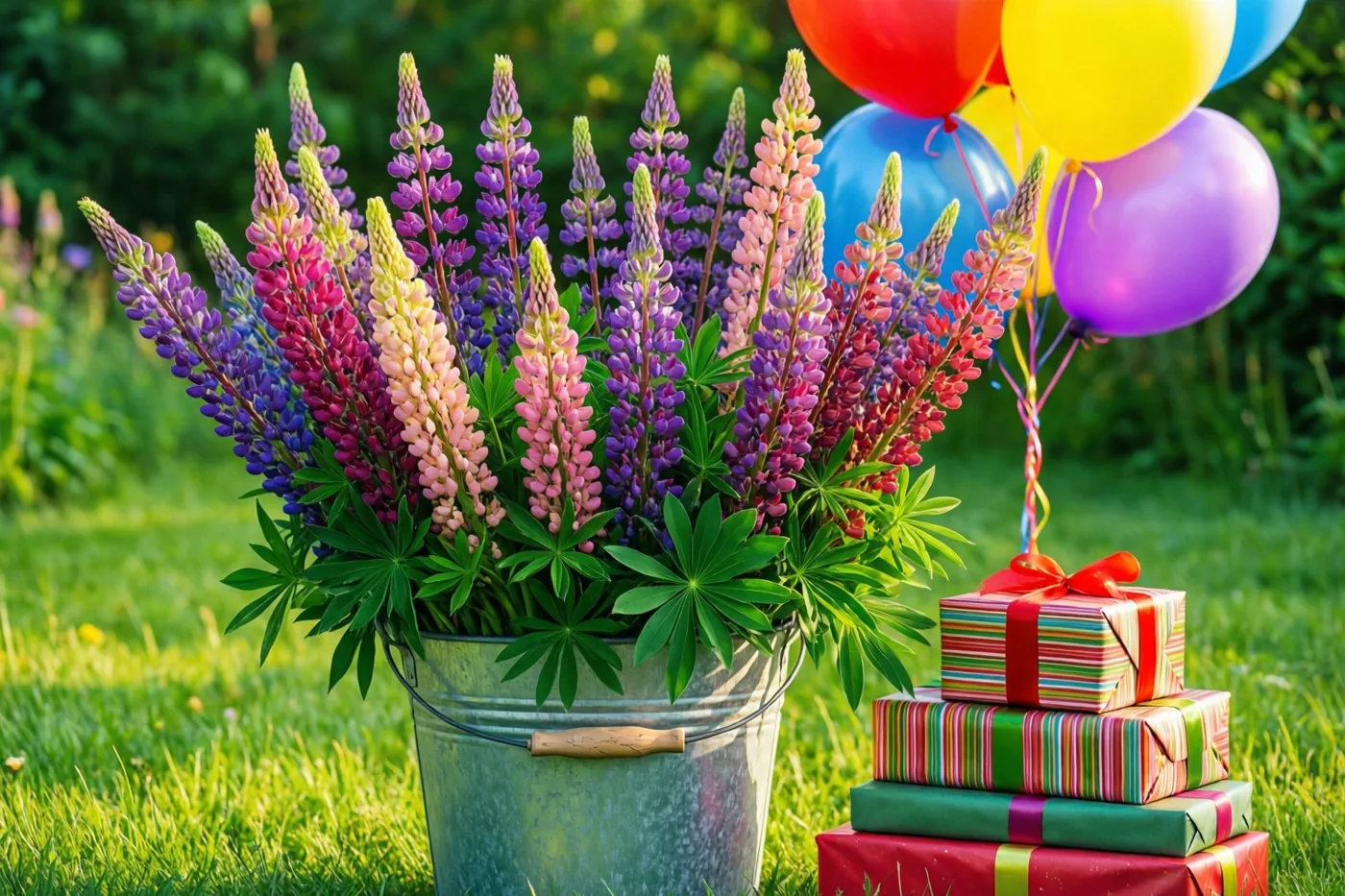 Een hoge bos kleurrijke lupinen staat in een zinken emmer op groen gras, met ballonnen aan het hengsel en gestapelde cadeaus ernaast in paarse, roze en groene tinten.