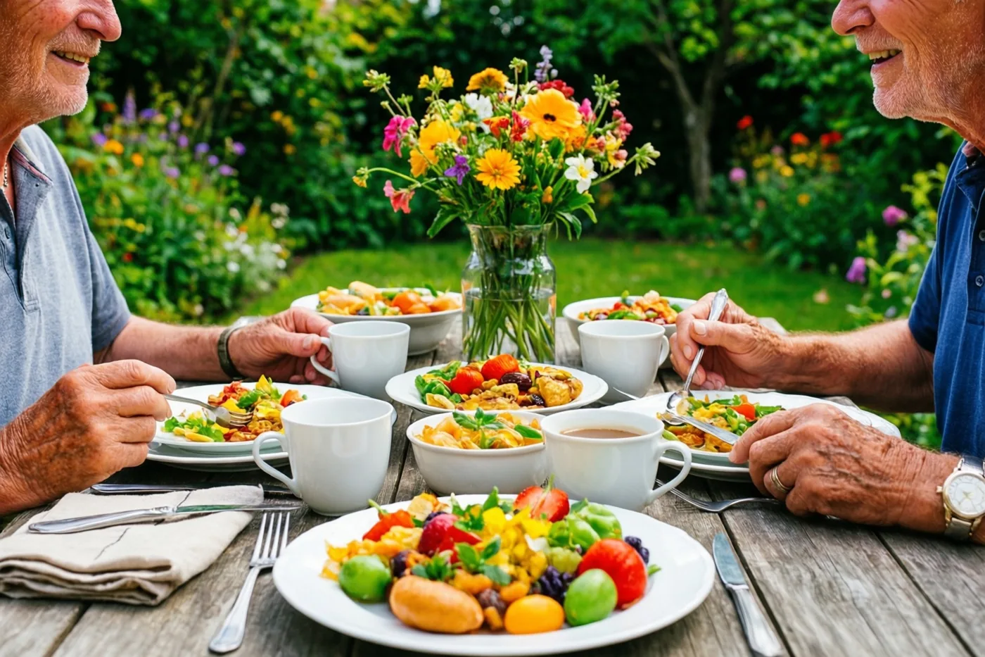 Twee oudere mensen eten een kleurrijke maaltijd aan een houten tuintafel, met hun handen in beeld en bloemen op tafel tussen het omringende groen.