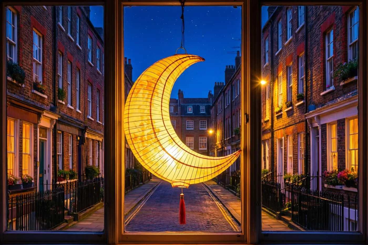 Een brandende maansikkellantaarn hangt in een raam boven een straat met bakstenen rijhuizen bij nacht, met geel licht uit de lantaarn en ramen onder een diepblauwe hemel.