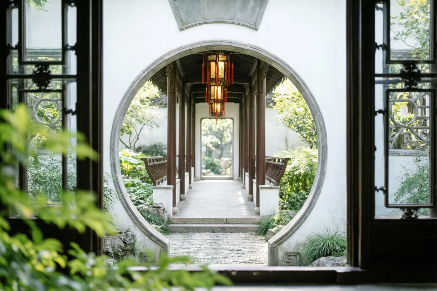 Een ronde maanpoort omlijst een gang in een Chinese tuin met houten pilaren, rode lantaarns, witte muren, stenen paden en weelderig groen.