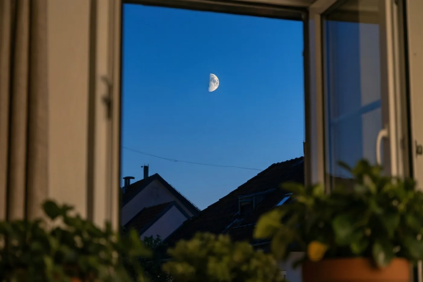 Door een open raam met kamerplanten is een dunne maansikkel te zien in een diepblauwe avondlucht boven donkere daken.