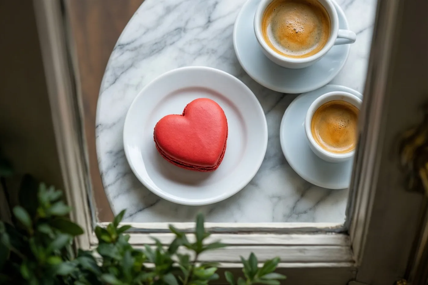 Een rode hartvormige macaron ligt op een wit schoteltje op een marmeren oppervlak naast twee espressokopjes, gezien door een raamkozijn met groen eronder.