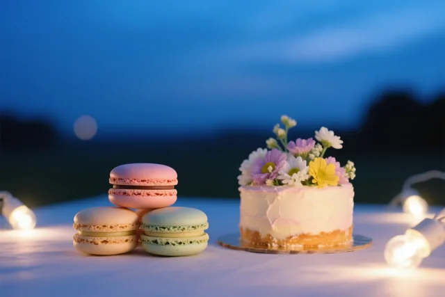 Drie pastelkleurige macarons en een klein taartje met bloemen staan op een tafel onder een lichtslinger, met een blauwe schemerlucht op de achtergrond.