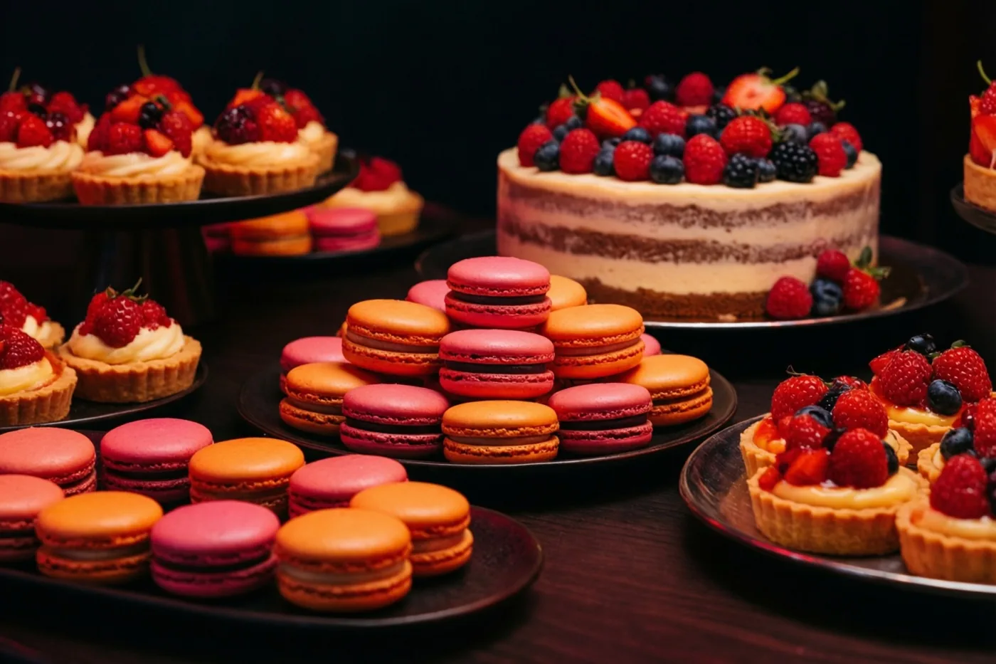 Een desserttafel met kleurrijke macarons, kleine taartjes met bessen en een taart met zichtbare lagen staat in warm licht tegen een donkere achtergrond.