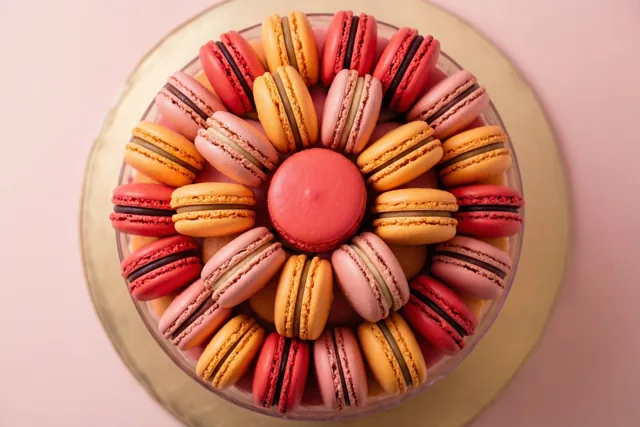 Van bovenaf zijn roze, rode en oranje macarons in een cirkel op een doorzichtige glazen taartstandaard te zien tegen een zachtroze achtergrond.