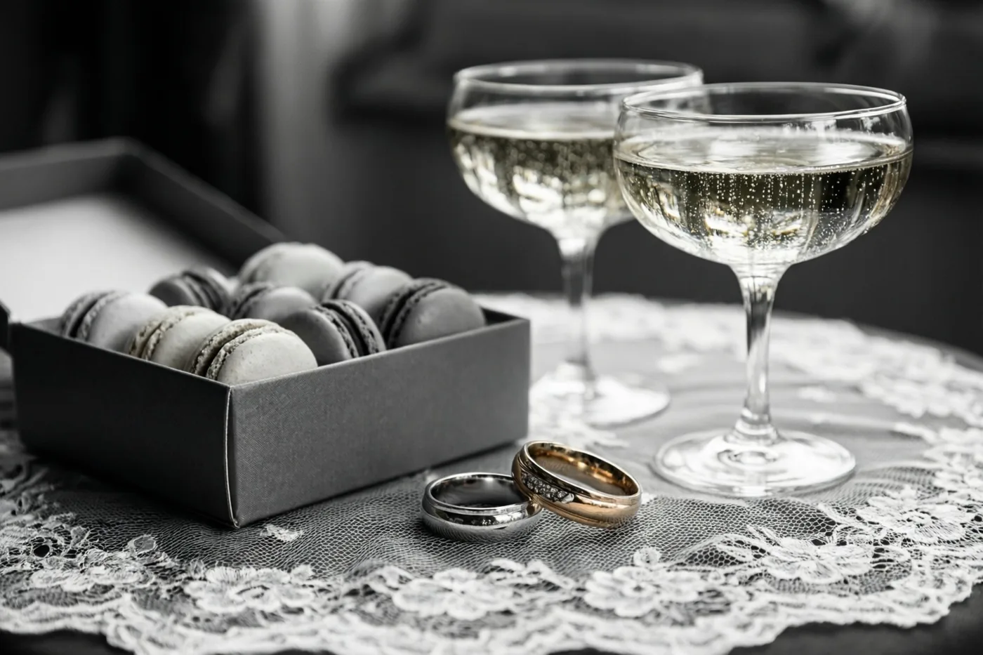 Twee trouwringen liggen op een kanten tafelkleed naast een doos macarons en twee brede champagneglazen met mousserende wijn, in een sober kleurenpalet met goud en zilver.