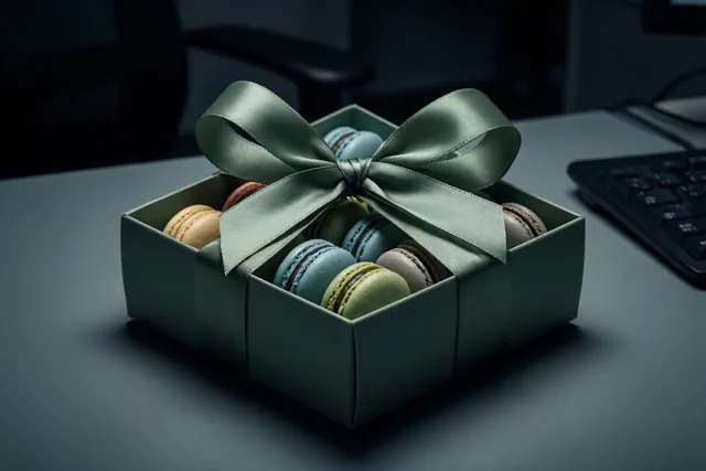 Een doos kleurrijke macarons met een groene satijnen strik staat op een donker bureau naast een toetsenbord in zacht licht.