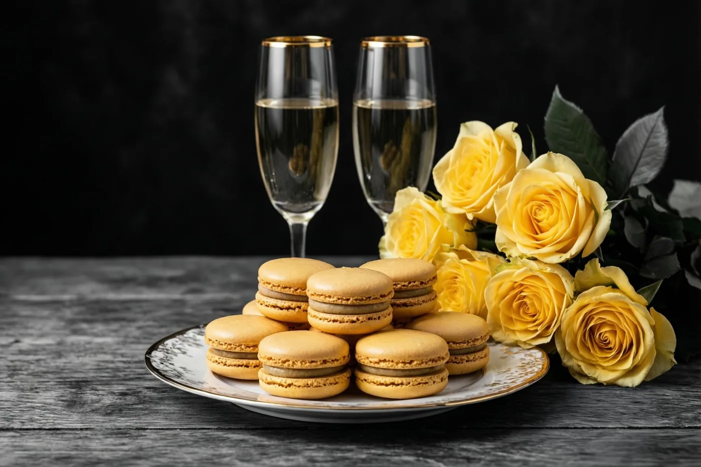 Een bord goudkleurige macarons staat op een donkere houten tafel naast twee champagneglazen met gouden rand en een boeket gele rozen, tegen een donkere achtergrond.