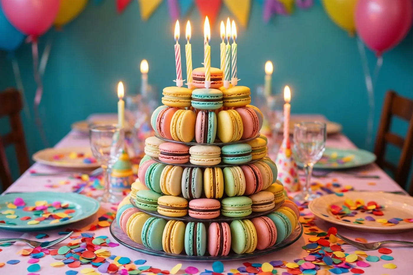 Een hoge toren van macarons in pastelkleuren met brandende verjaardagskaarsjes staat op een feesttafel met confetti, borden en glazen voor een blauwgroene muur met ballonnen en vlaggetjes.