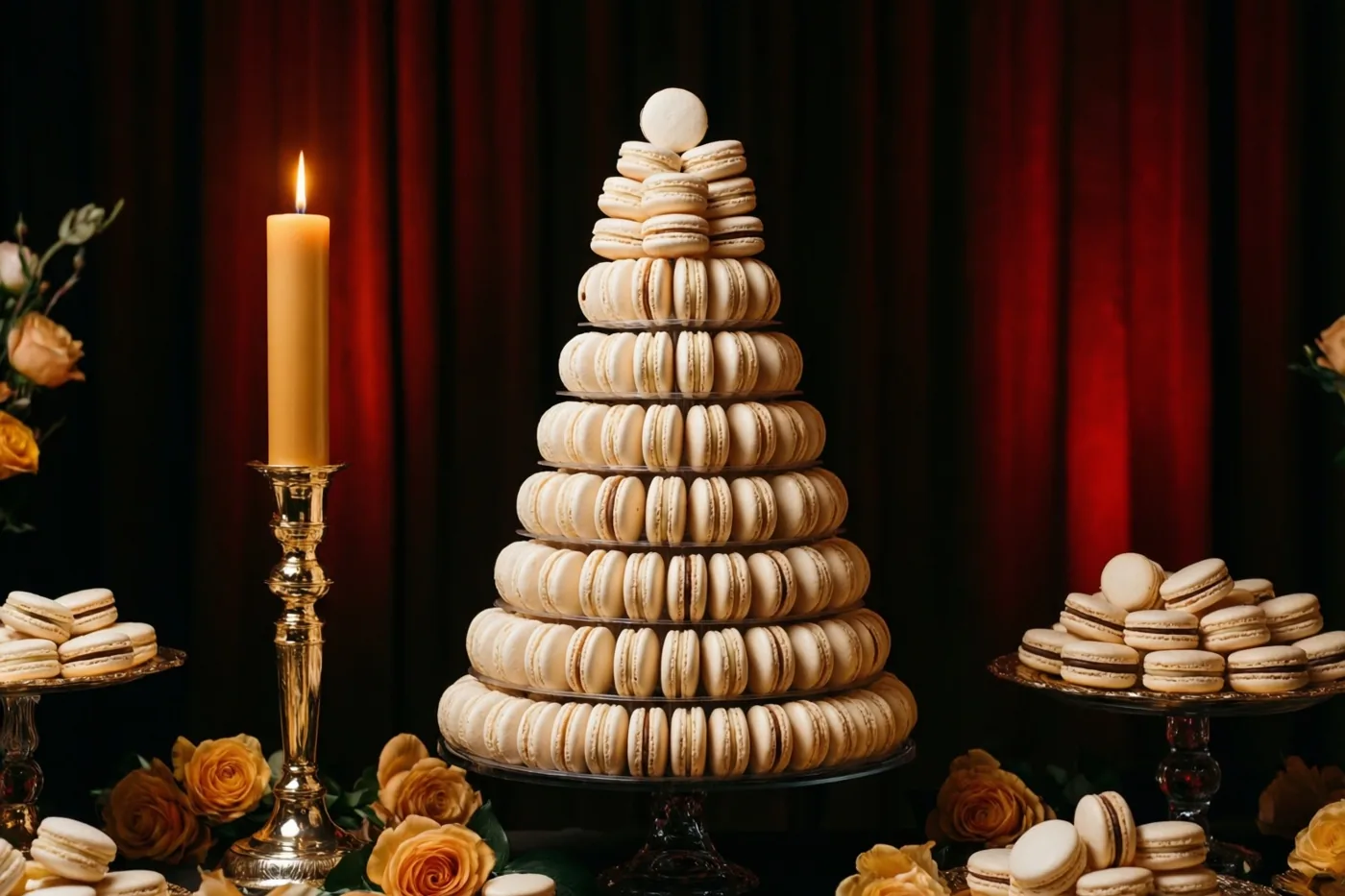 Een hoge toren van witte macarons staat naast een brandende communiekaars in een gouden houder, met gele rozen en extra macarons op zijstaanders voor een donkerrood gordijn.
