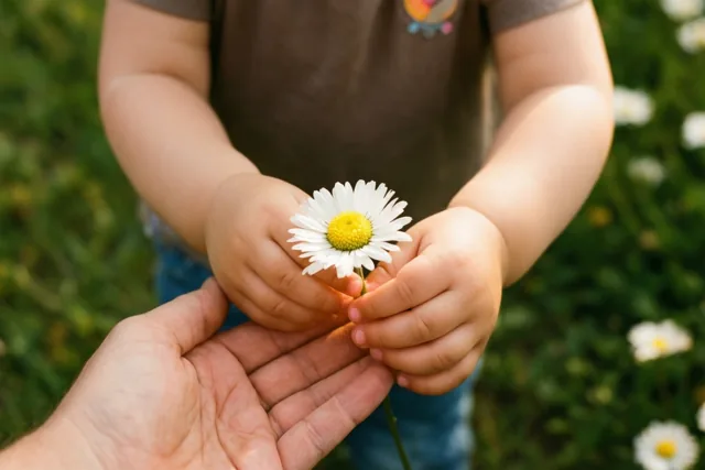 Kleine kinderhanden bieden een wit madeliefje met een geel hart aan een open volwassen hand aan, in het gras met onscherpe madeliefjes op de achtergrond.