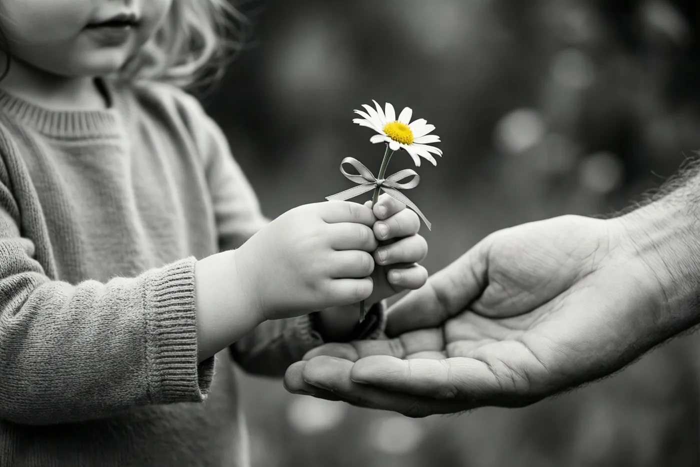 Kinderhanden bieden een madeliefje met een lint aan de open hand van een volwassene aan op een zwart-witfoto waarop alleen het hart van de bloem geel is.