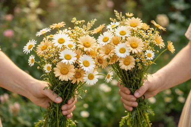 Twee handen houden bosjes madeliefjes naar elkaar toe in een zonnige tuin met witte, gele en groene tinten.
