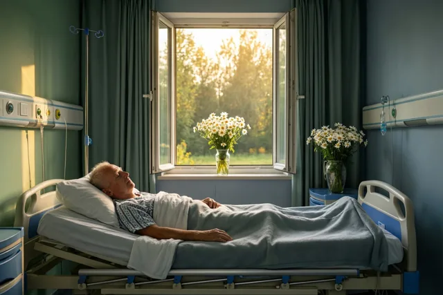 Een oudere man ligt in een ziekenhuisbed bij een open raam in warm zonlicht, met turquoise muren en vazen madeliefjes op de vensterbank en het nachtkastje.
