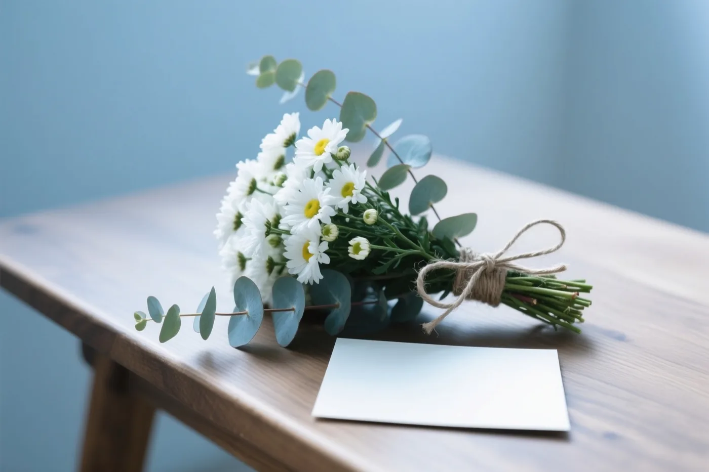 Een boeketje witte madeliefjes en eucalyptusbladeren met een touwtje ligt naast een blanco witte kaart op een houten tafel tegen een zachtblauwe achtergrond.