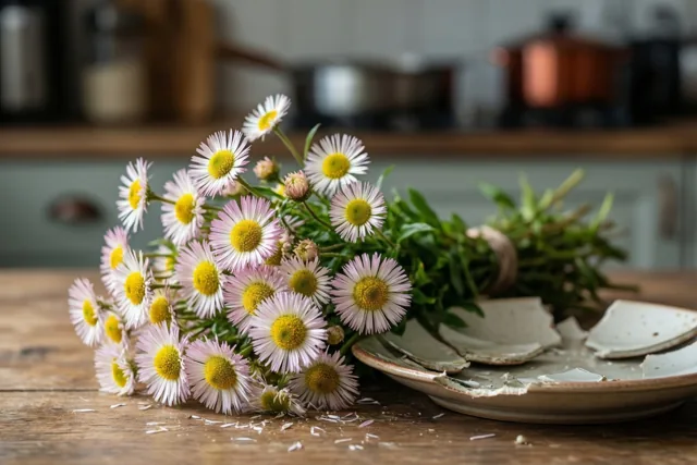 Een klein boeket witte en roze madeliefjes met gele hartjes staat naast een gebroken keramisch bord op een houten keukentafel in zacht licht.