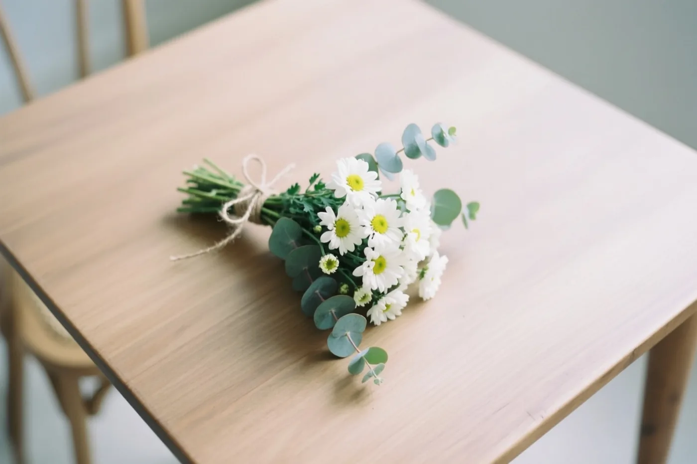Een klein boeket witte madeliefjes en eucalyptusbladeren, samengebonden met touw, ligt op een lichte houten tafel in zacht licht.