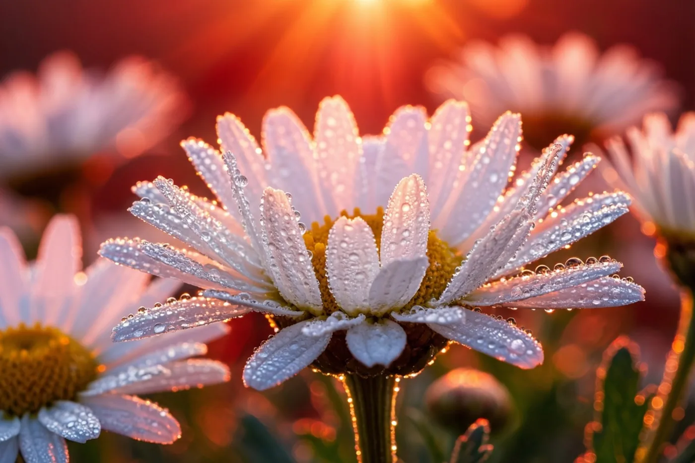 Witte madeliefjes met glinsterende dauwdruppels zijn van dichtbij te zien in warm ochtendlicht tegen een wazige oranje en rode achtergrond.