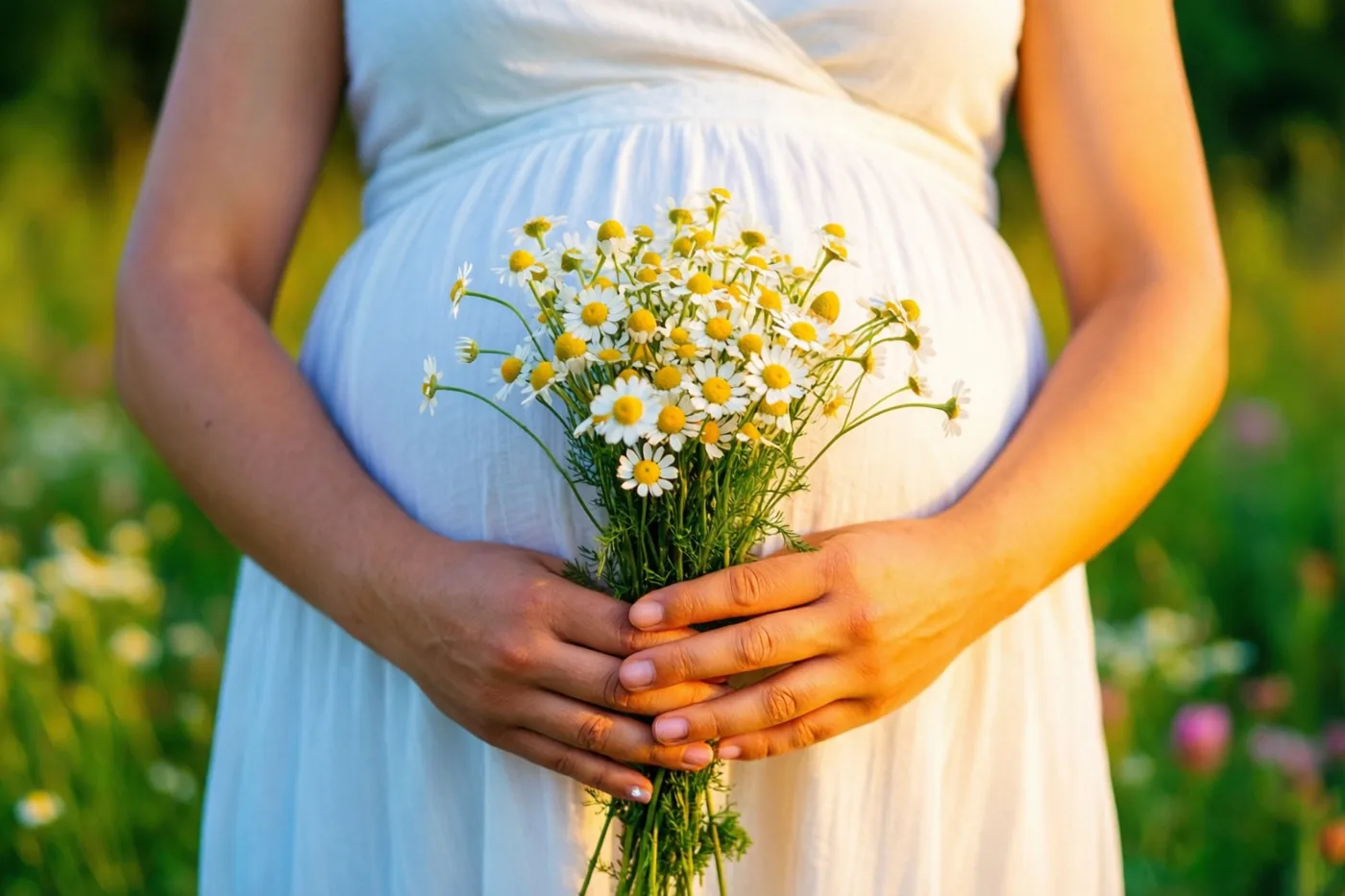 Een zwangere vrouw houdt een boeketje madeliefjes tegen haar buik onder een witte zomerjurk, in een zonnig veld met gras en onscherpe veldbloemen.