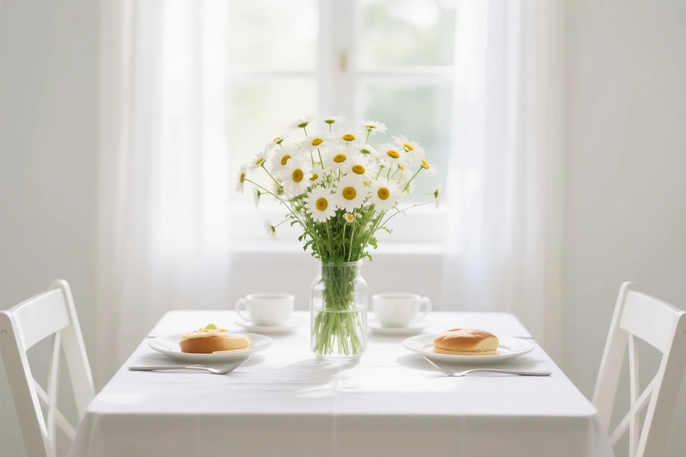 Een witte ontbijttafel met een vaas verse madeliefjes in het midden staat voor een helder raam, in witte en gele tinten.