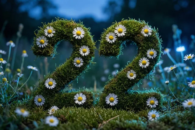 Een met mos begroeide groene haag vormt 22 met witte madeliefjes in een landelijke tuin bij schemering, in koele blauwe en groene tinten.