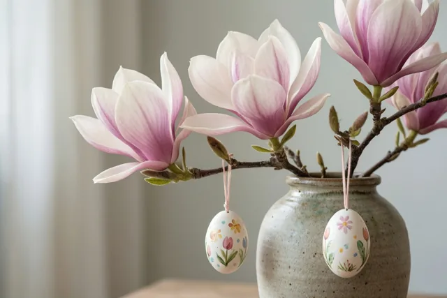 Een tak met roze en witte magnoliabloemen staat in een vaas van steengoed, met twee handbeschilderde paaseieren aan de takken, binnenshuis bij zacht daglicht.
