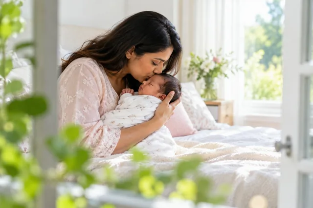 Een Zuid-Aziatische moeder in een pastelkleurige tuniek kust het voorhoofd van haar pasgeboren baby in een lichte slaapkamer.