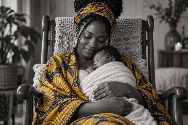 Een Congolees-Belgische moeder wiegt haar slapende pasgeboren baby zachtjes in een schommelstoel, met een zachte omslagdoek om zich heen.
